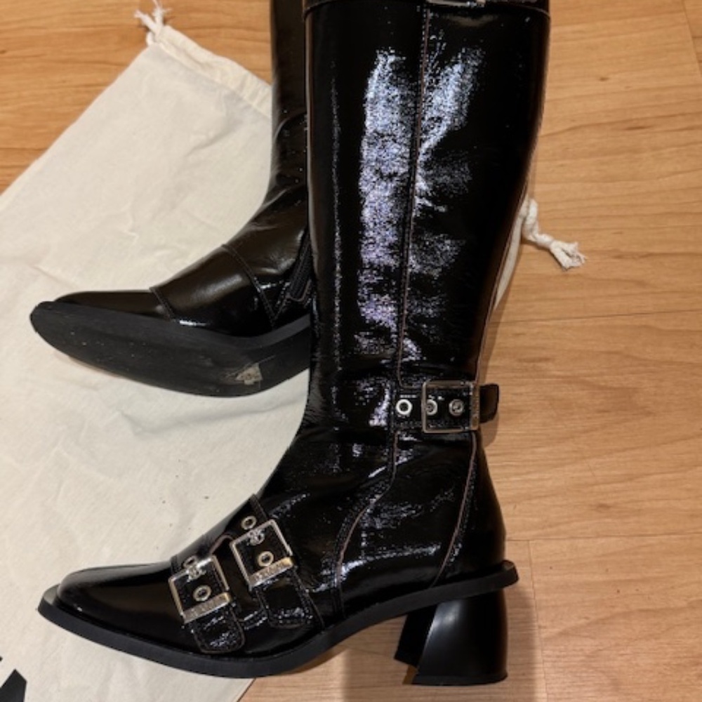 Ganni Black Patent Leather Knee-High Buckle Boots - Picture 6 of 15